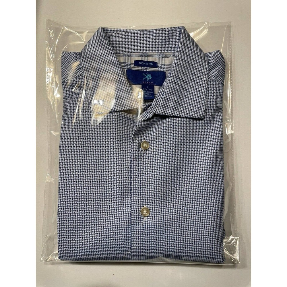 NWOT EGARA Non Iron Mens Sz Large. Long Sleeve Blue Houndstooth Twill.